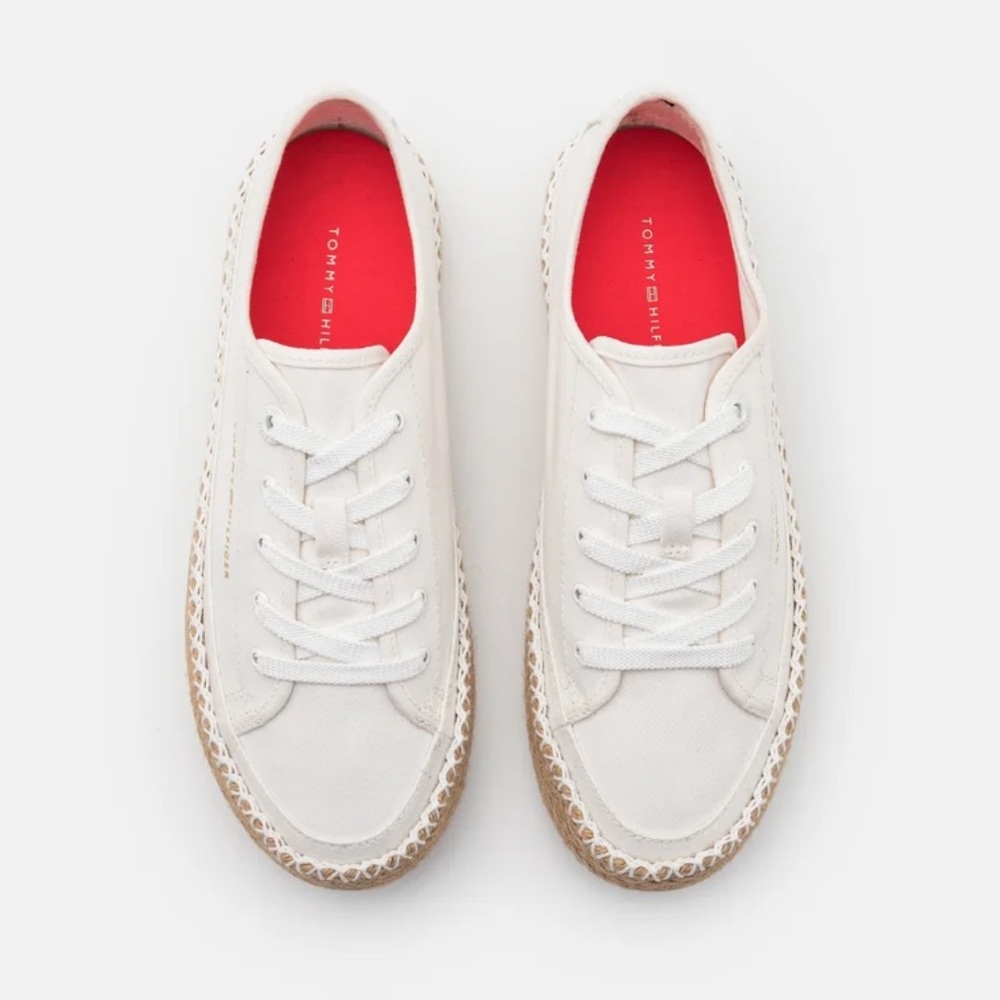 Tommy Hilfiger White & Neutral Canvas Sneakers Sz 6 Jute Detail Classic Casual